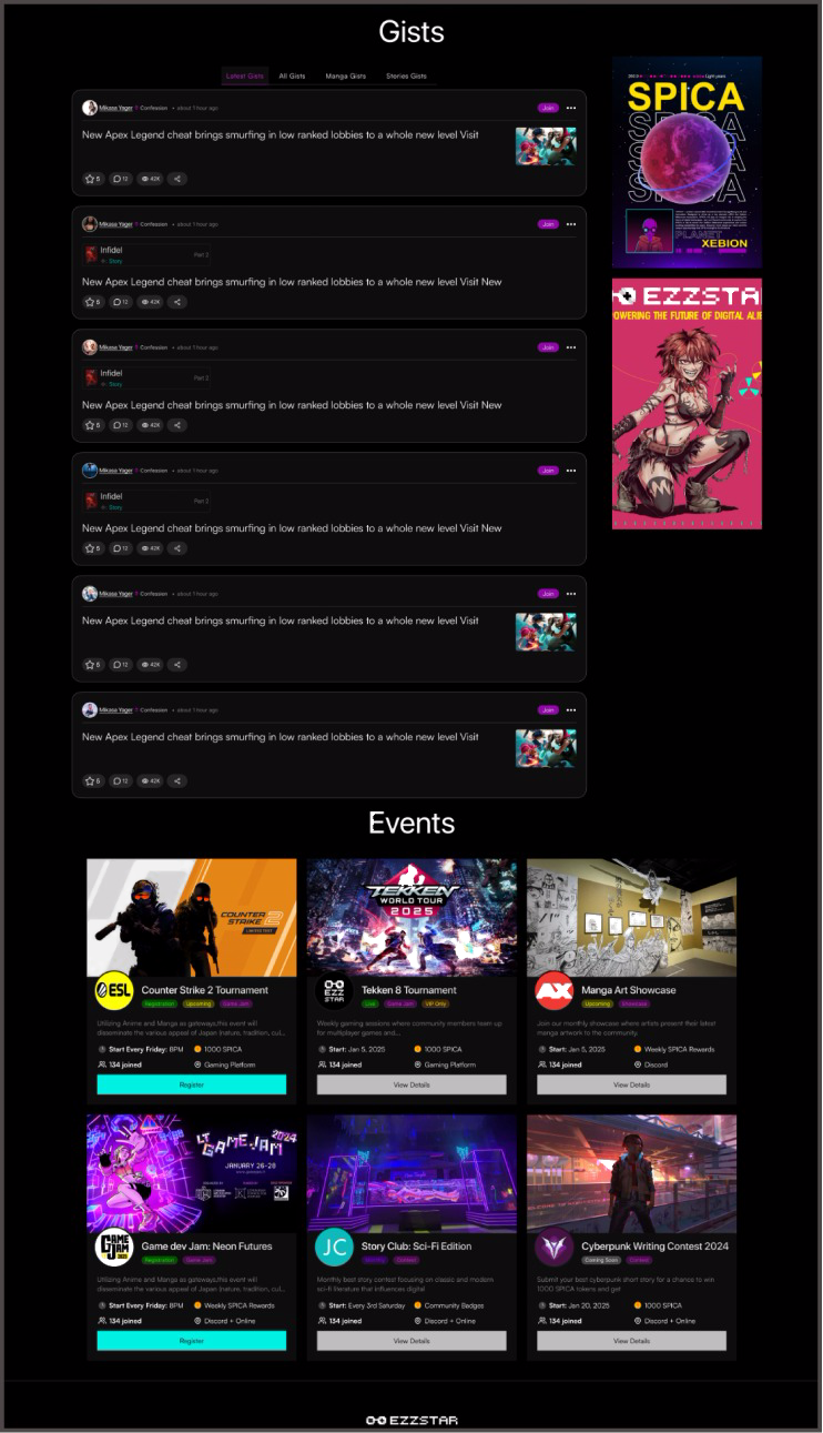 Ezzstar creator platform — gists and events